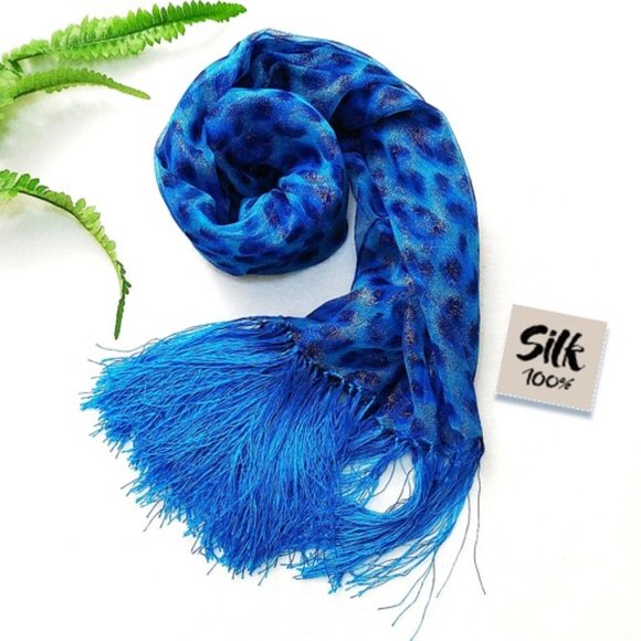 100% Silk Rectangle Scarf Sheer Blue Leopard Animal Print Silvery Dots Tassels - Picture 5 of 12